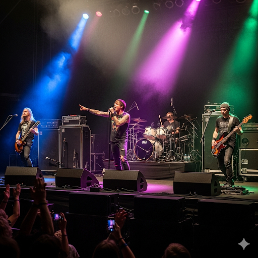 A live rock band performing on stage in front of professional sound equipment.