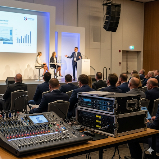 A professional corporate event with a speaker on a stage and a sound mixing board in the foreground.