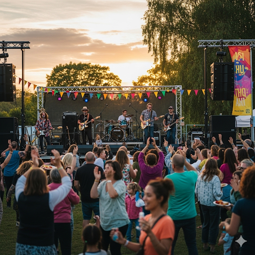 People dancing and enjoying a community music festival with a band on an outdoor stage.
