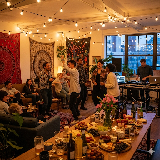 A lively private party with people dancing and enjoying music in a relaxed setting.