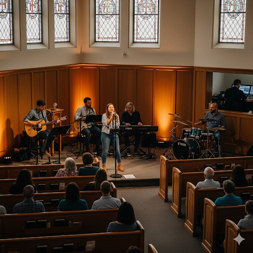 A small music group performing at a worship service in a chapel with a sound console in the background.